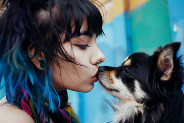 Portrait of an ethnic woman with blue hair, kissing a dog.