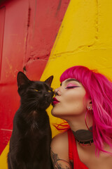 Portrait of a punk woman with a cat. Yellow and pink theme.