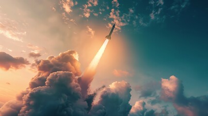 Fototapeta premium Missile flying through sky. Leaving behind trail of smoke