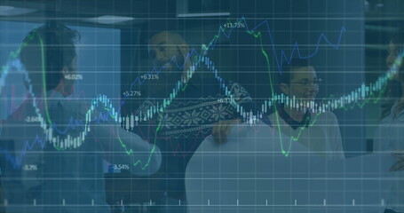 Image of multiple graphs with changing numbers, diverse coworkers discussing blueprint