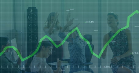 Image of graphs and changing numbers over happy diverse coworkers giving high fives in office