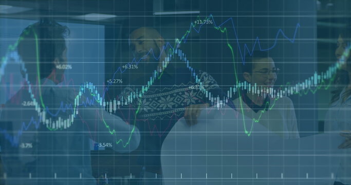 Image of multiple graphs with changing numbers, diverse coworkers discussing blueprint