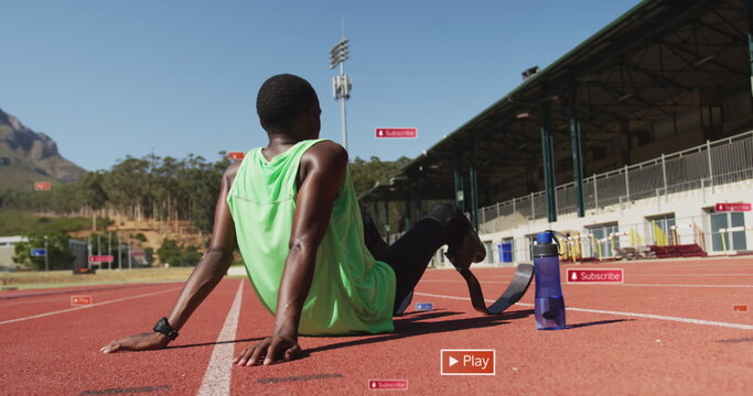 Fototapeta Image of notification bars over tired african american athlete sitting in race track