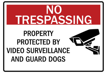 Beware of dog warning sign property protected by video surveillance and guard dogs