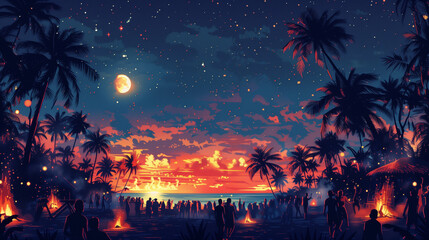 illustration of a bustling beach party scene, with lively music and beach bonfires