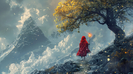 The girl in red hood with magic torch walking on mountains
