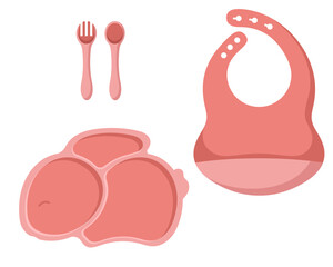 Vector illustration of kid tableware set, colorful children dish in the shape of a rabbit isolated on white background in flat style.