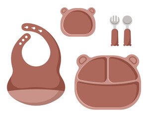 Vector illustration of kid tableware set, colorful children dish shaped like a bear's face isolate on white background in flat style. - obrazy, fototapety, plakaty