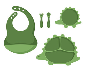 Vector illustration of kid tableware set, colorful children dish in the shape of a dinosaur isolated on white background in flat style. © Yuliia Sydorova