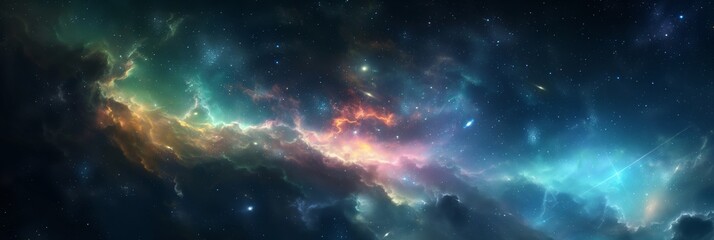 An image capturing the vibrant colors and dynamic light of a nebula spreading across the vastness of outer space