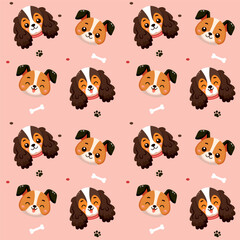 Obraz premium Cute dogs pattern with different smile face dog, funny adorable dog or fluffy puppy, doodle pet friend. Vector illustration in flat style for sticker, print.