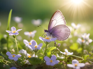 Naklejka premium Butterfly on wild white violet flowers in grass in rays of sunlight