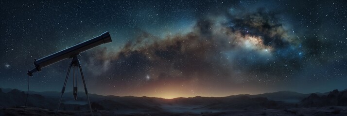 Majestic panorama of the Milky Way galaxy with a telescope silhouetted against the night sky - obrazy, fototapety, plakaty