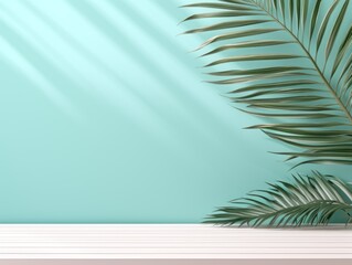 Fototapeta na wymiar Turquoise background with palm leaf shadow and white wooden table for product display, summer concept