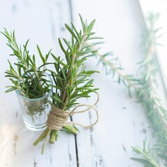 Fresh rosemary bound, and rosemary sprigs in a glass, on a white wooden background.