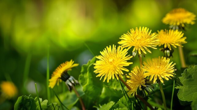 yellow flowers against a green background in the style of a fresh spring meadow nature concept