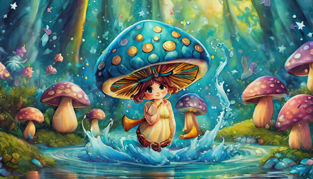 oil painting style cartoon character cute mushrooms in water splash