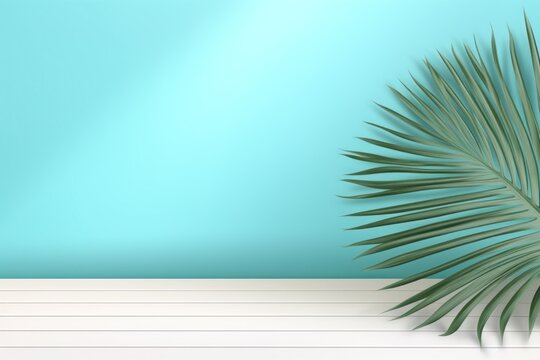 Turquoise background with palm leaf shadow and white wooden table for product display, summer concept