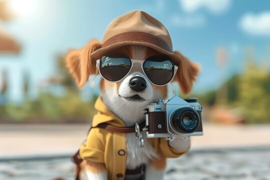 With a vintage camera in paw, a fashionable dog dons sunglasses and a hat, evoking a sense of adventure and creativity in an outdoor setting.