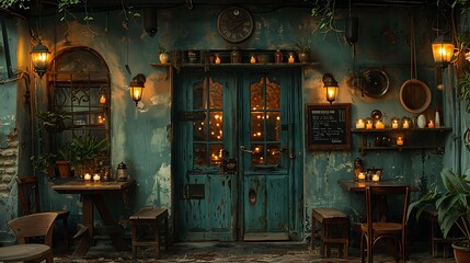 Lose yourself in the timeless charm of a historic night cafe, where the soft glow of candlelight and the aroma of freshly brewed coffee evoke a sense of nostalgia and warmth. - obrazy, fototapety, plakaty