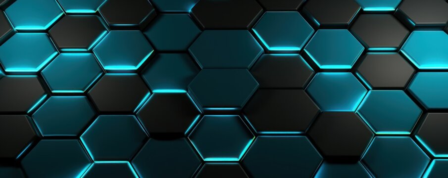 Turquoise dark 3d render background with hexagon pattern