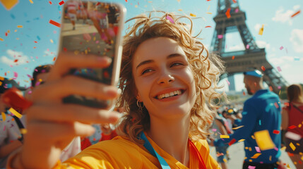 A woman is smiling and holding a cell phone in front of the Eiffel Tower. The scene is lively and joyful, with people around her enjoying the moment
