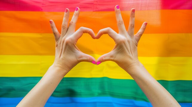 Hands making heart sign in front of rainbow flag, pride events celebration, Celebrating LGBTQ+ Pride Events