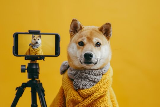  A Shiba Inu dog, wrapped in a cozy yellow blanket and grey scarf, captures its  look on camera, ready to charm followers as a pet influencer on social media pet influencer, petfluencer 