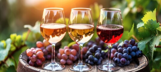 Variety of white, rose, and red wines elegantly displayed on wooden barrel in scenic vineyard