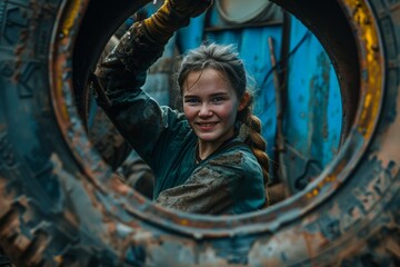 Young beautiful woman with car tire in front of a garage. Gender equality concept, woman in a male-dominated profession and specialty, in male workwear, at an auto repair station - obrazy, fototapety, plakaty