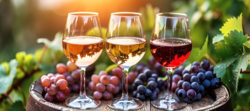 Variety of white, rose, and red wines elegantly displayed on wooden barrel in scenic vineyard