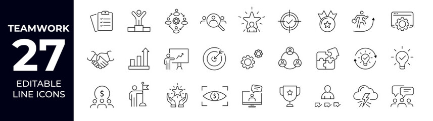 Teamwork outline icons. Includes Team, Cooperation, Vision, Motivation, Success,