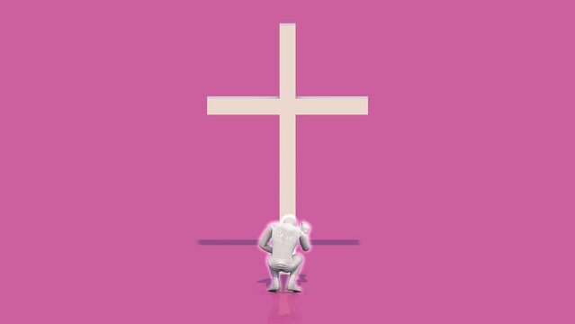 The man bows to the cross on a pink background. Prayer. 3D animation.