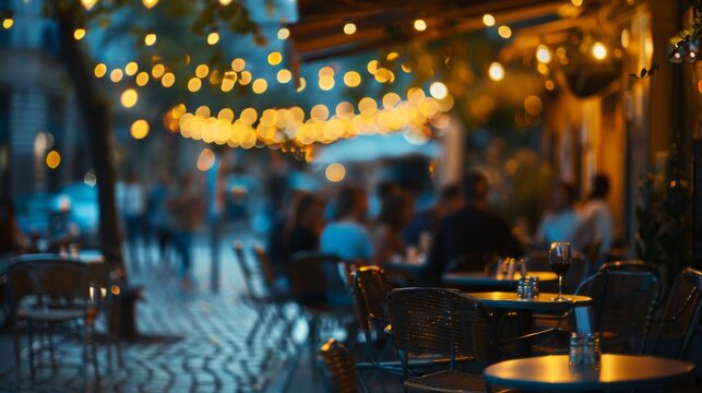 Leisure, travel, vacation concept. Bokeh background of street bar or restaurant outdoor. People sitting and chill, hang out, taking dinner and listen music