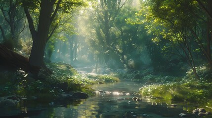 **A tranquil forest glade illuminated by shafts of sunlight filtering through the trees, with a gentle stream babbling in the background - obrazy, fototapety, plakaty