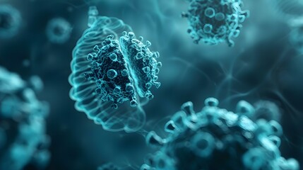 Viral Encounter: Microscopic Threats in Blue. Concept Microbes, Health, Threats, Blue, Viral Encounter - obrazy, fototapety, plakaty