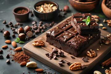 A wooden cutting board topped with chocolate and nuts next to bowls of nuts and chocolate chips and