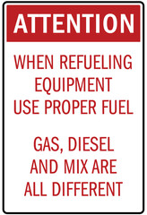 Farm safety sign when refueling equipment use proper fuel. Gas, diesel and mix are all different