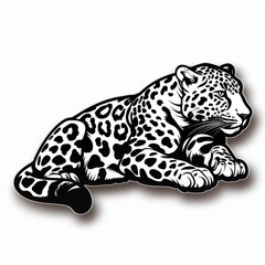 A black and white illustration of a jaguar in a lying down position.