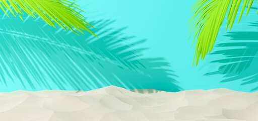 Fototapeta na wymiar Summer beach and podium decoration with scene summer, Stage platform for display product, show, sale. Abstract backdrop decor with tropical plant shadow. Minimal abstract background. 3d rendering