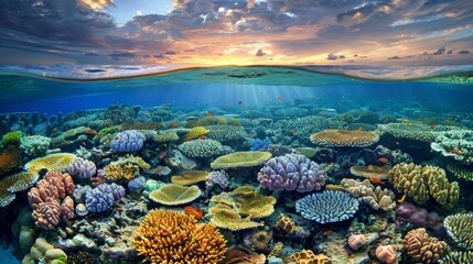 Golden hour sunset split view of great barrier reef coral marine ecosystem in queensland, australia