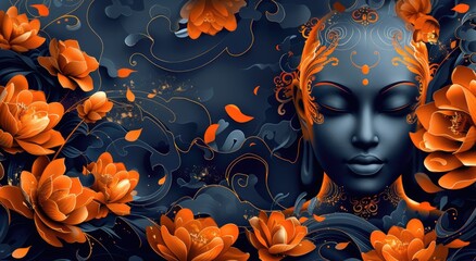 Abstract woman face with blue skin and golden flowers and lights on dark copy space background