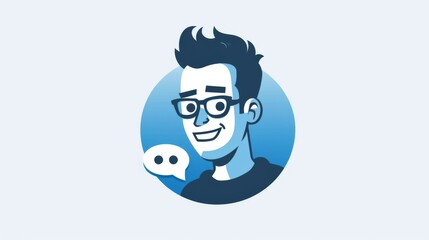 Smiling Man in Glasses with Chat Bubble: Logo Design Illustratio