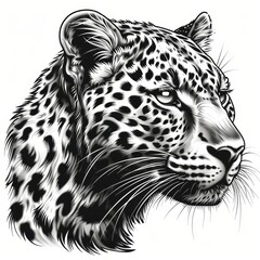 A black and white sketch of a jaguar's face in profile.