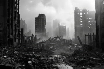 apocalyptic image of a city destroyed by missile and bomb attacks in a war