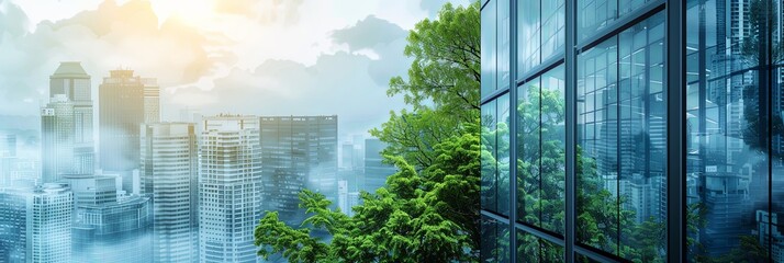 Panoramic double exposure city banner of urban downtown with green forest vegetation