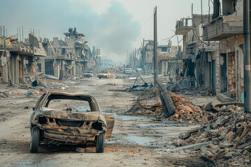 apocalyptic image of a city destroyed by missile and bomb attacks in a war - obrazy, fototapety, plakaty