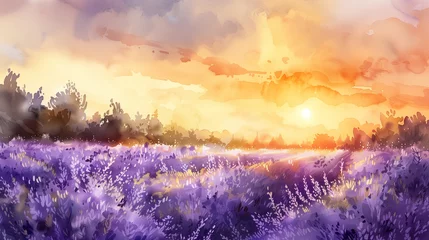 Zelfklevend Fotobehang a watercolor painting depicting a field of lavender © kura