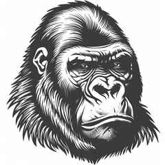 A gorilla's face in black and white