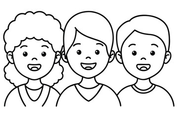 happy children smiling, line art, vector illustration